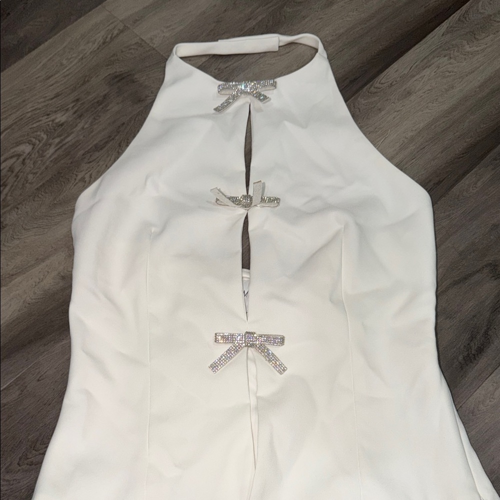 Strapless White Halter Dress with Crystal Bow Accents